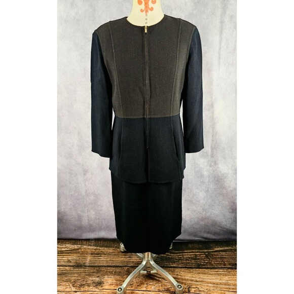 St. John Hand Sewn Suit Black Brown Boucle Knit Zip Jacket 8 Pencil Dress 6 EUC! - Picture 2 of 12